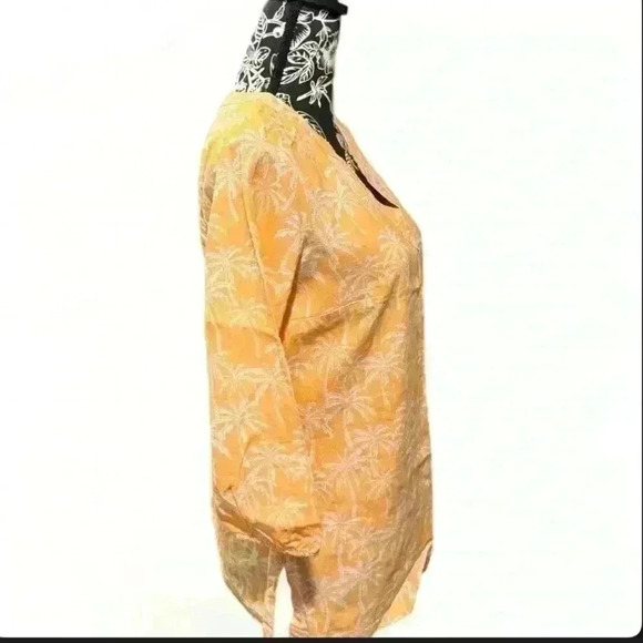 Coral Bay Golden Yellow/White Linen Palm Tree V-Neck Blouse-Women’s Small - Picture 2 of 5